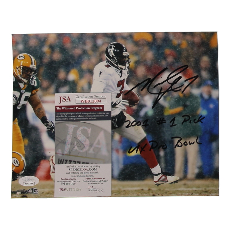 Michael Vick Signed Falcons 8x10 Photo Inscribed "4x Pro Bowl" & "2001 #1 Draft Pick" (JSA) at PristineAuction.com Michael Vick Signed Falcons 8x10 Photo Inscribed "4x Pro Bowl" & "2001 #1 Draft Pick" (JSA) at PristineAuction.com