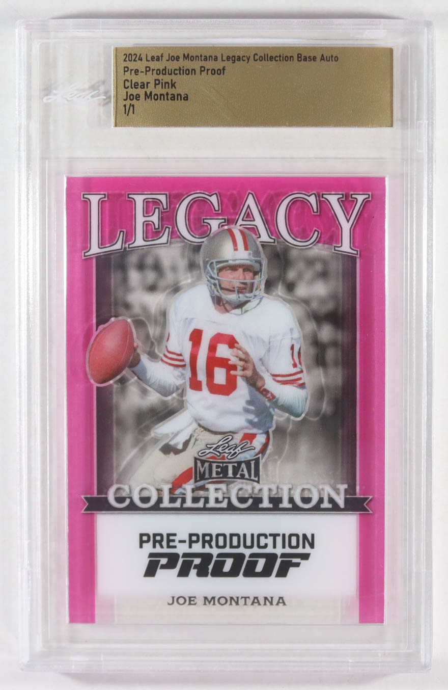 Joe Montana 2024 Leaf Joe Montana Legacy Base Auto Pre-Production Proof Clear Pink #NNO #1/1 (Leaf) at PristineAuction.com Joe Montana 2024 Leaf Joe Montana Legacy Base Auto Pre-Production Proof Clear Pink #NNO #1/1 (Leaf) at PristineAuction.com