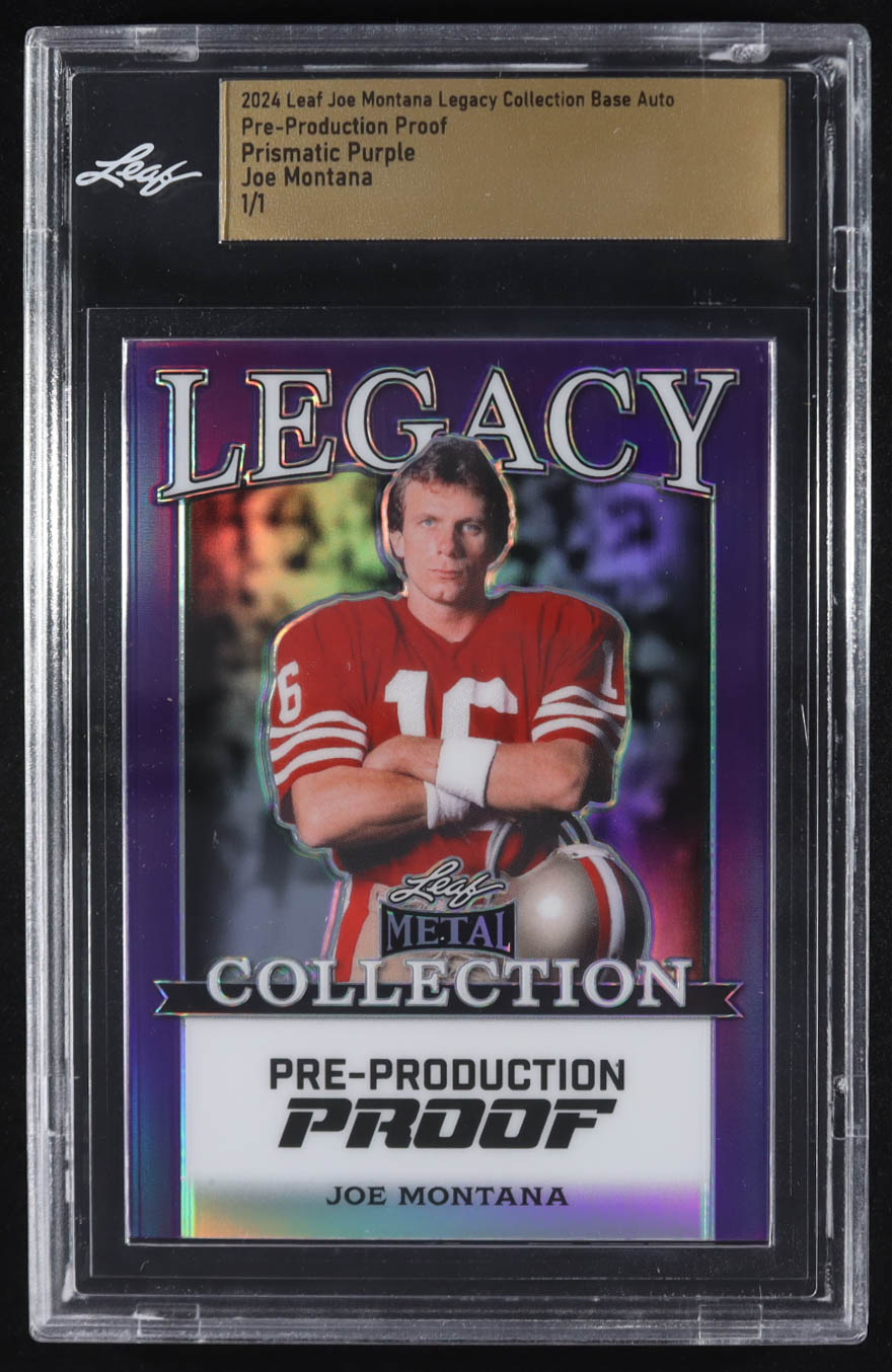 Joe Montana 2024 Leaf Joe Montana Legacy Base Auto Pre-Production Proof Prismatic Purple #NNO #1/1 (Leaf) at PristineAuction.com Joe Montana 2024 Leaf Joe Montana Legacy Base Auto Pre-Production Proof Prismatic Purple #NNO #1/1 (Leaf) at PristineAuction.com