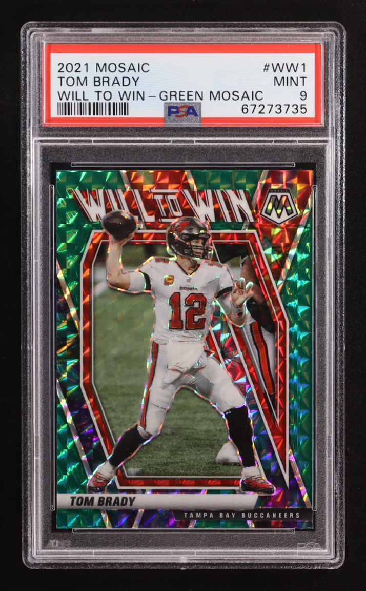 Tom Brady 2021 Panini Mosaic Will to Win Mosaic Green #1 (PSA 9) at PristineAuction.com Tom Brady 2021 Panini Mosaic Will to Win Mosaic Green #1 (PSA 9) at PristineAuction.com