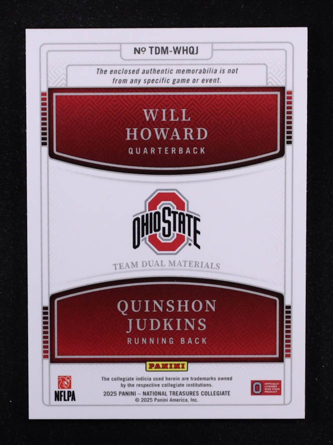 Will Howard / Quinshon Judkins 2025 Panini National Treasures Collegiate Team Dual Materials Silver #3 RC #36/49 at PristineAuction.com Will Howard / Quinshon Judkins 2025 Panini National Treasures Collegiate Team Dual Materials Silver #3 RC #36/49 at PristineAuction.com