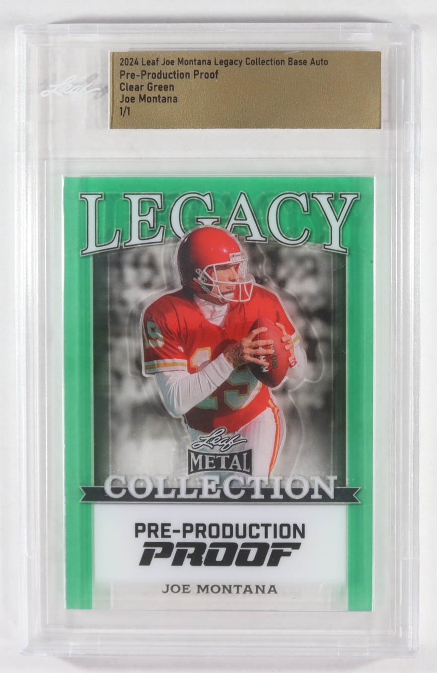 Joe Montana 2024 Leaf Joe Montana Legacy Base Auto Pre-Production Proof Clear Green #NNO #1/1 (Leaf) at PristineAuction.com Joe Montana 2024 Leaf Joe Montana Legacy Base Auto Pre-Production Proof Clear Green #NNO #1/1 (Leaf) at PristineAuction.com
