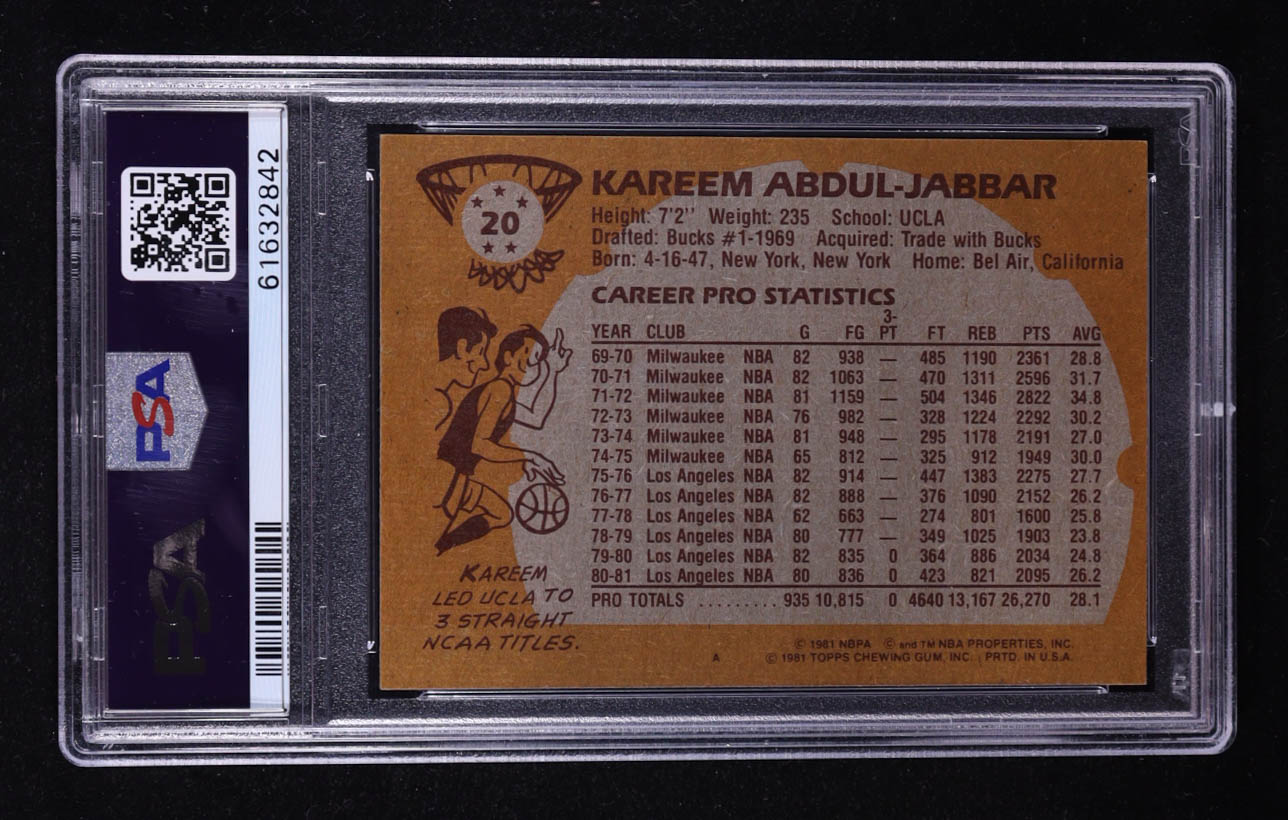 Kareem Abdul-Jabbar 1981-82 Topps #20 (PSA 8) at PristineAuction.com Kareem Abdul-Jabbar 1981-82 Topps #20 (PSA 8) at PristineAuction.com