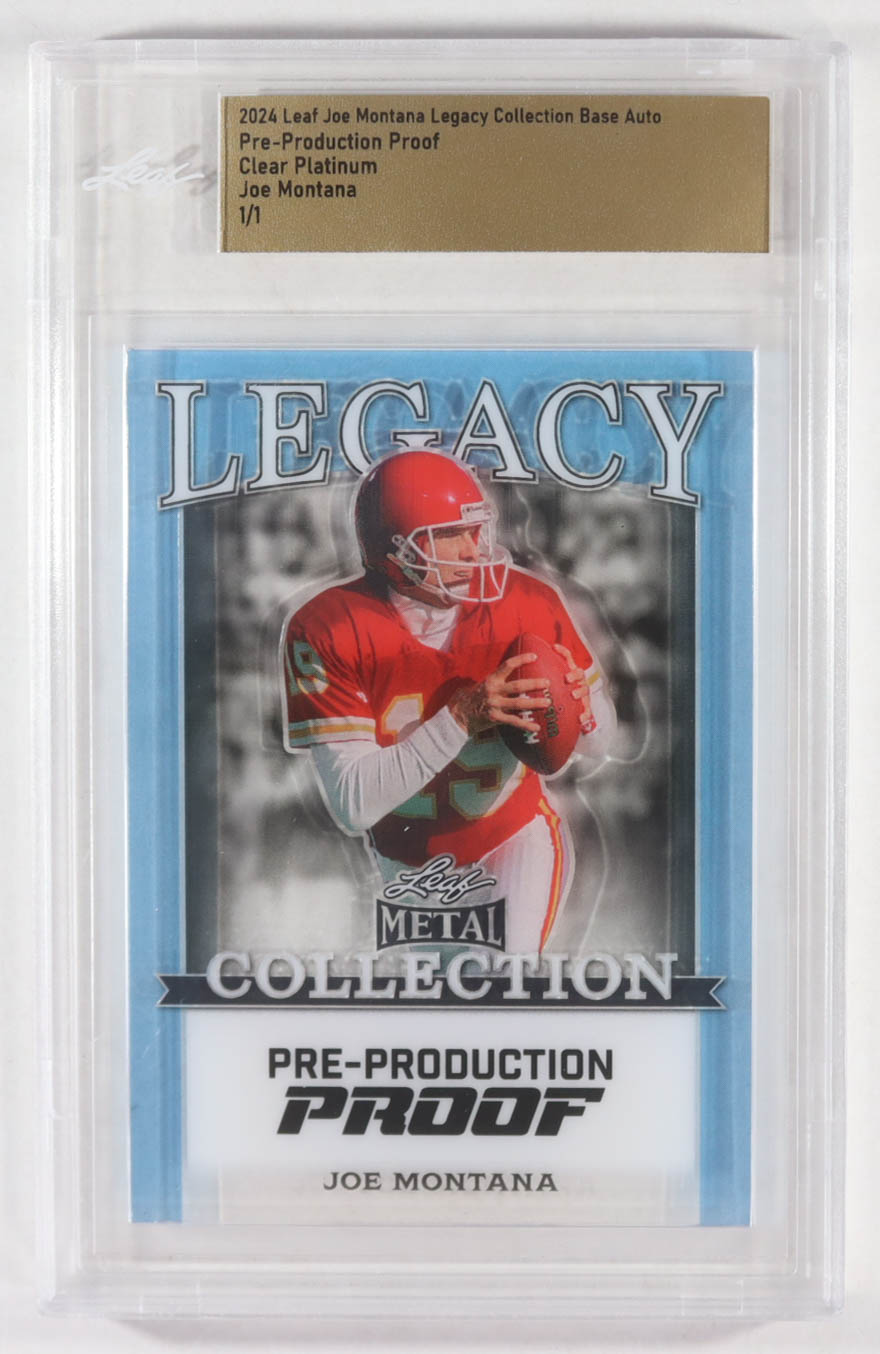 Joe Montana 2024 Leaf Joe Montana Legacy Base Auto Pre-Production Proof Clear Platinum #NNO #1/1 (Leaf) at PristineAuction.com Joe Montana 2024 Leaf Joe Montana Legacy Base Auto Pre-Production Proof Clear Platinum #NNO #1/1 (Leaf) at PristineAuction.com