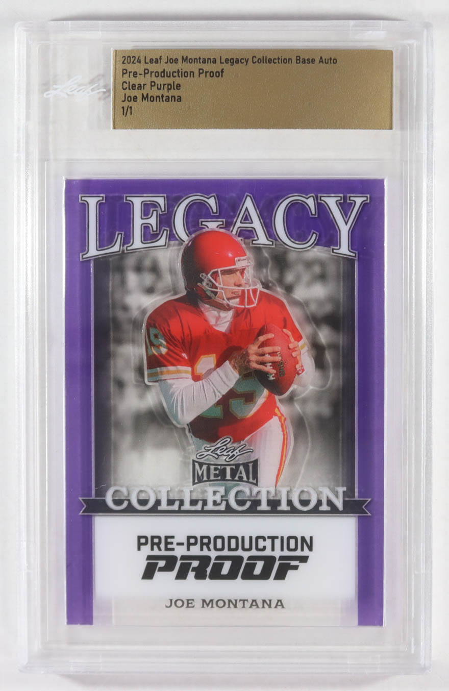 Joe Montana 2024 Leaf Joe Montana Legacy Base Auto Pre-Production Proof Clear Purple #NNO #1/1 (Leaf) at PristineAuction.com Joe Montana 2024 Leaf Joe Montana Legacy Base Auto Pre-Production Proof Clear Purple #NNO #1/1 (Leaf) at PristineAuction.com