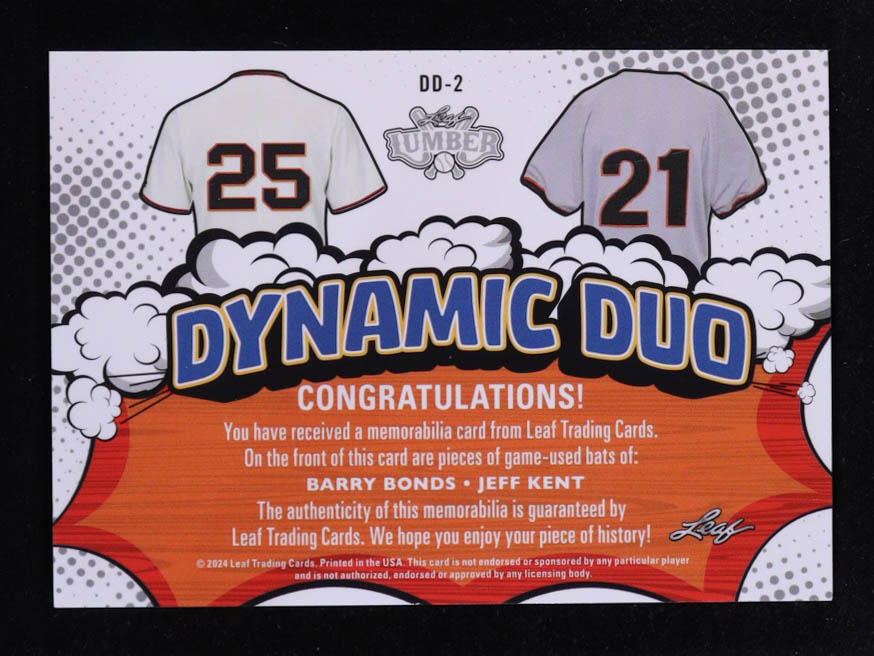 Barry Bonds / Jeff Kent 2024 Leaf Lumber Dynamic Duos Game-Used Bats #DD2 #2/3 at PristineAuction.com Barry Bonds / Jeff Kent 2024 Leaf Lumber Dynamic Duos Game-Used Bats #DD2 #2/3 at PristineAuction.com