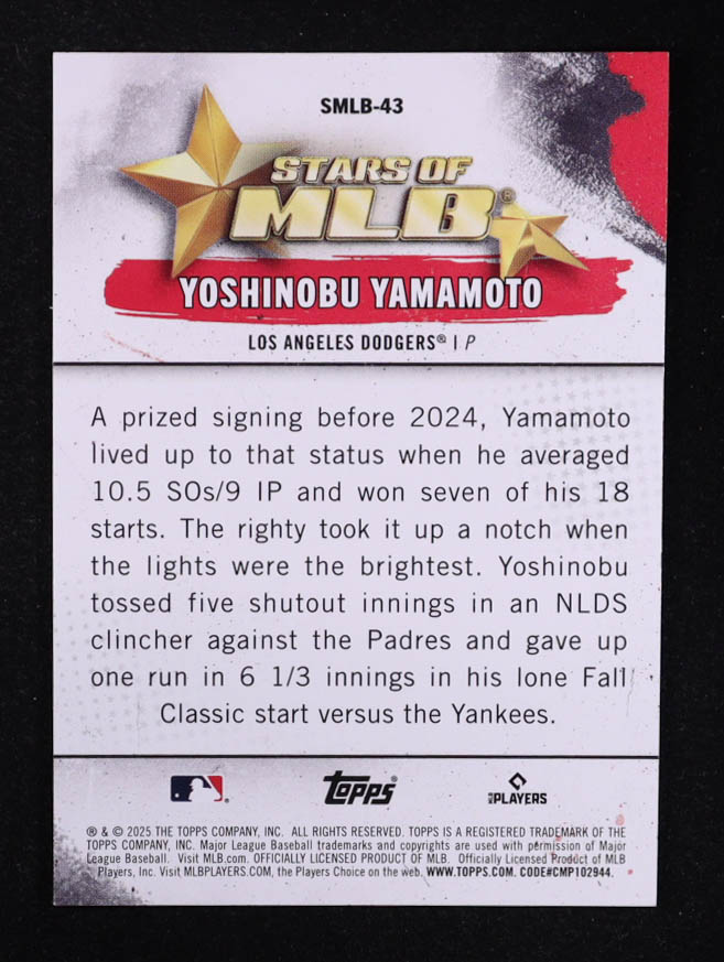Yoshinobu Yamamoto 2025 Topps Stars Of MLB #SMLB43 at PristineAuction.com Yoshinobu Yamamoto 2025 Topps Stars Of MLB #SMLB43 at PristineAuction.com