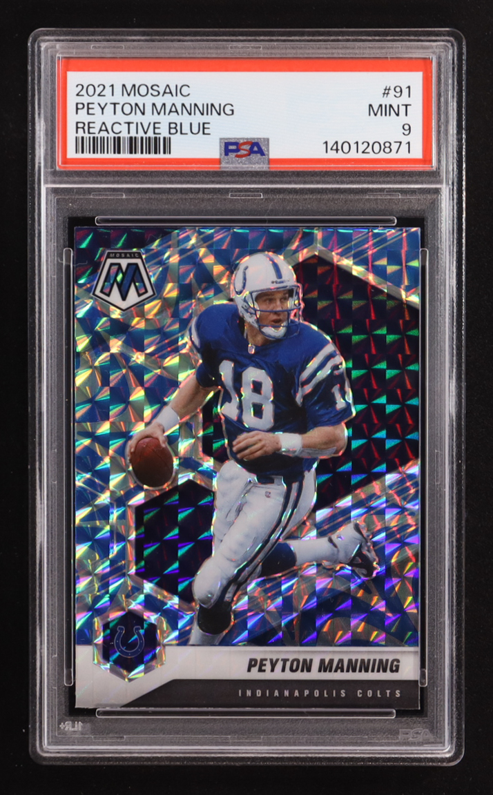 Peyton Manning 2021 Panini Mosaic Mosaic Reactive Blue #91 (PSA 9) at PristineAuction.com Peyton Manning 2021 Panini Mosaic Mosaic Reactive Blue #91 (PSA 9) at PristineAuction.com
