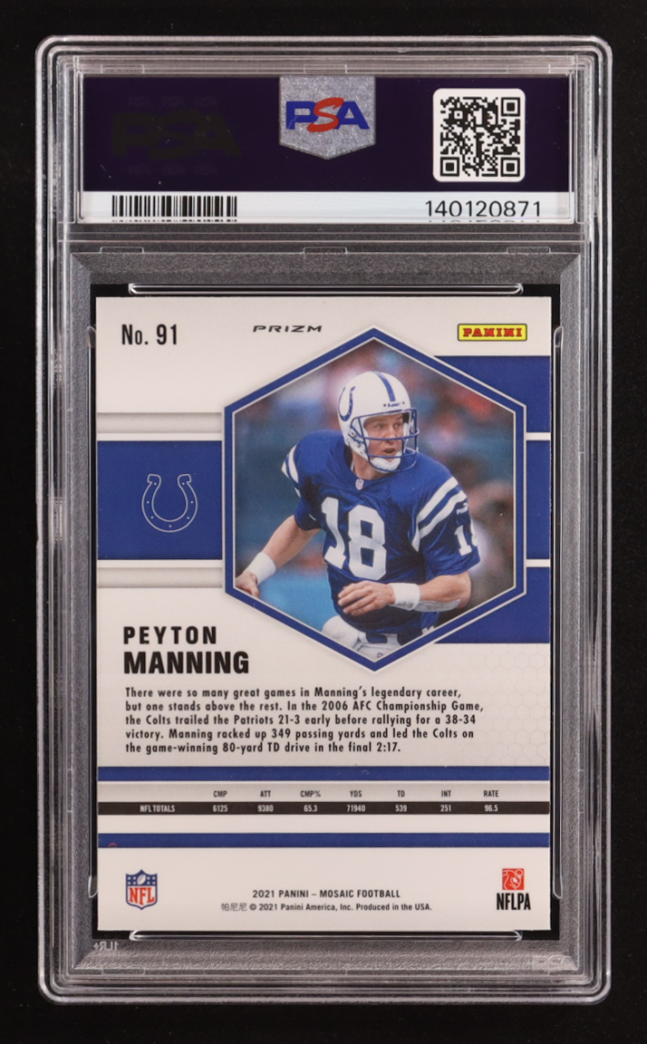 Peyton Manning 2021 Panini Mosaic Mosaic Reactive Blue #91 (PSA 9) at PristineAuction.com Peyton Manning 2021 Panini Mosaic Mosaic Reactive Blue #91 (PSA 9) at PristineAuction.com