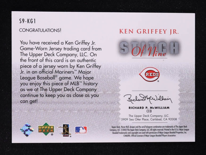 Ken Griffey Jr. 2002 Upper Deck Honor Roll Stitch of Nine Game Jersey #S9KG1 / White at PristineAuction.com Ken Griffey Jr. 2002 Upper Deck Honor Roll Stitch of Nine Game Jersey #S9KG1 / White at PristineAuction.com
