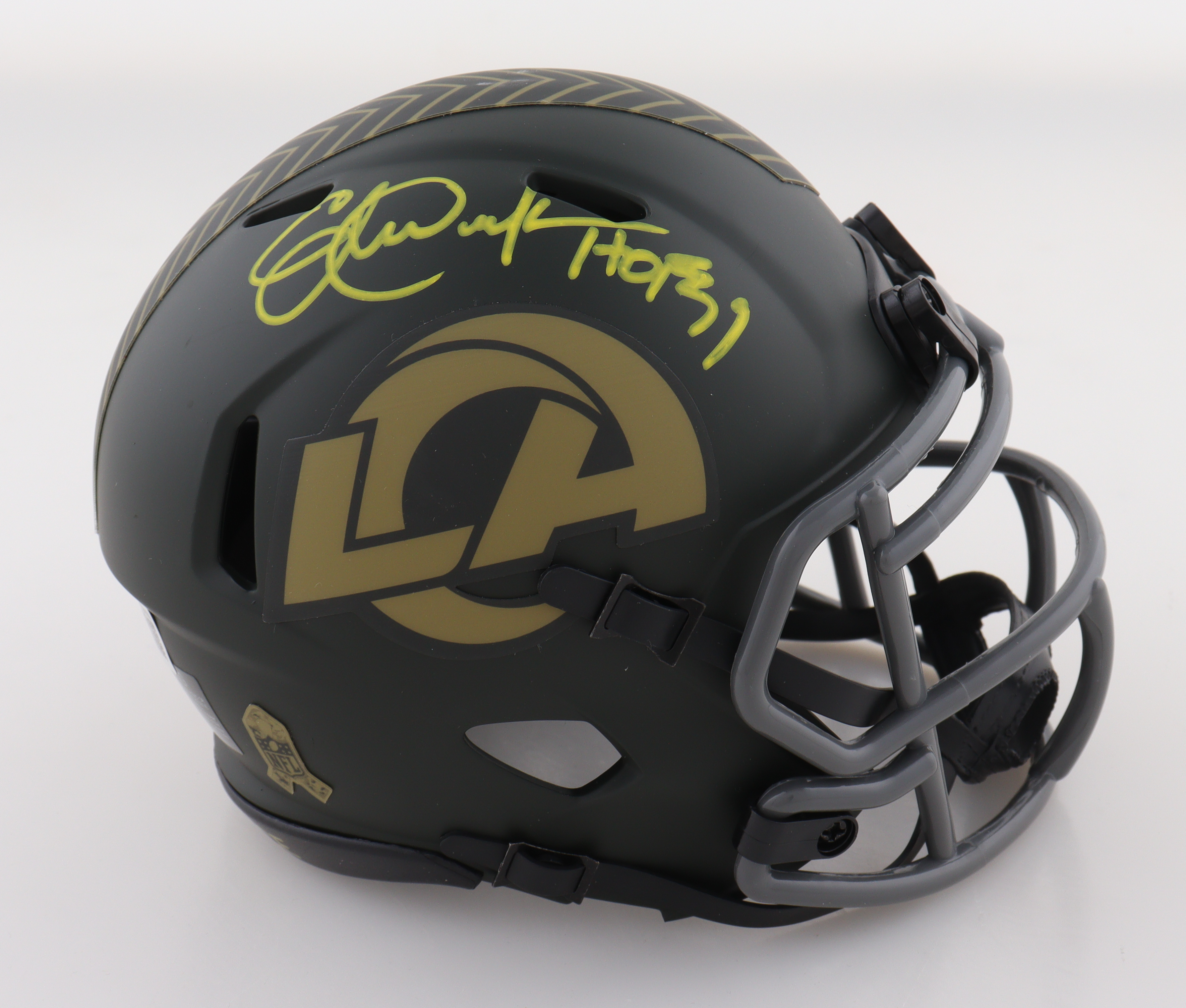 Eric Dickerson Signed Rams Salute to Service Alternate Speed Mini Helmet Inscribed "HOF 99" (Beckett) at PristineAuction.com Eric Dickerson Signed Rams Salute to Service Alternate Speed Mini Helmet Inscribed "HOF 99" (Beckett) at PristineAuction.com