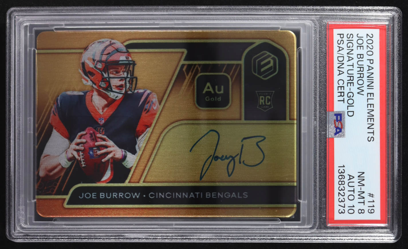 Joe Burrow 2020 Panini Elements Signature Gold #119 #14/79 RC (PSA 8 | Autograph Graded PSA 10) at PristineAuction.com Joe Burrow 2020 Panini Elements Signature Gold #119 #14/79 RC (PSA 8 | Autograph Graded PSA 10) at PristineAuction.com