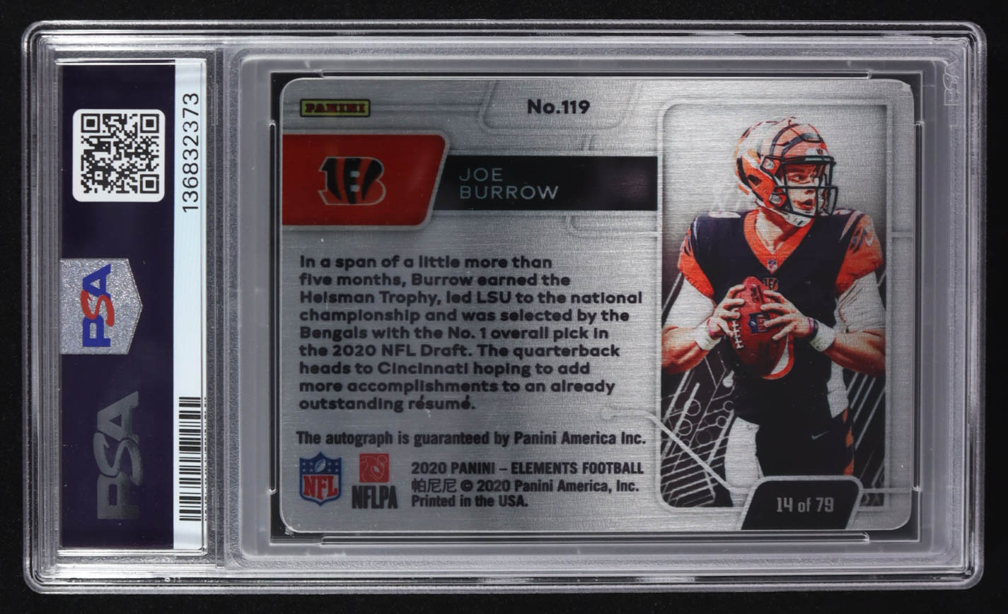 Joe Burrow 2020 Panini Elements Signature Gold #119 #14/79 RC (PSA 8 | Autograph Graded PSA 10) at PristineAuction.com Joe Burrow 2020 Panini Elements Signature Gold #119 #14/79 RC (PSA 8 | Autograph Graded PSA 10) at PristineAuction.com