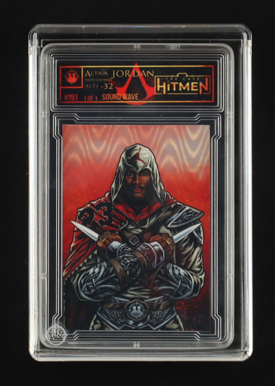 Michael Jordan "Altair Jordan" 2024 The Case Hitmen Custom Art Card Sound Wave ALTJ-32 #281 #1/1 with (2) Custom Coins & Display Box at PristineAuction.com Michael Jordan "Altair Jordan" 2024 The Case Hitmen Custom Art Card Sound Wave ALTJ-32 #281 #1/1 with (2) Custom Coins & Display Box at PristineAuction.com