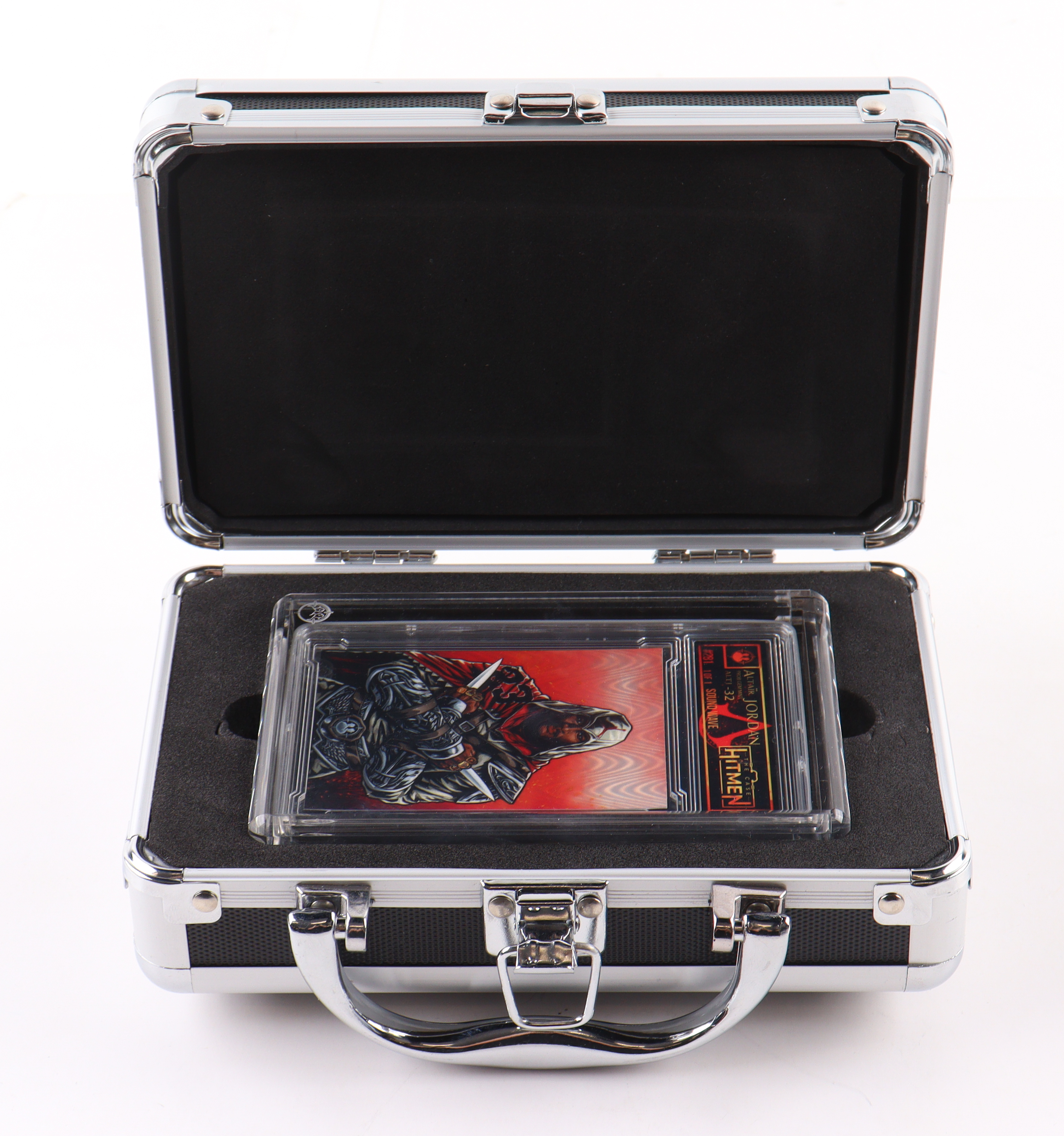 Michael Jordan "Altair Jordan" 2024 The Case Hitmen Custom Art Card Sound Wave ALTJ-32 #281 #1/1 with (2) Custom Coins & Display Box at PristineAuction.com Michael Jordan "Altair Jordan" 2024 The Case Hitmen Custom Art Card Sound Wave ALTJ-32 #281 #1/1 with (2) Custom Coins & Display Box at PristineAuction.com