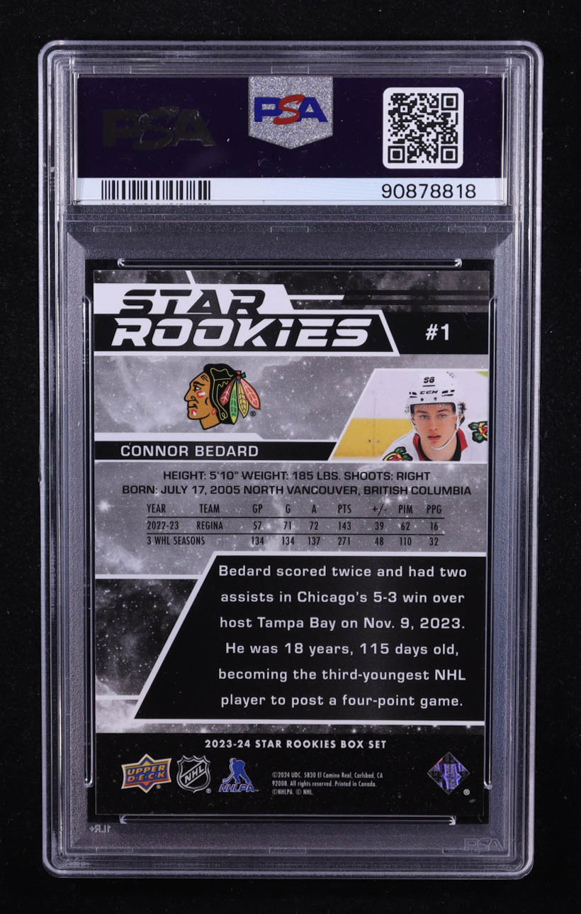 Connor Bedard 2023-24 Upper Deck Star Rookies #1 RC (PSA 10) at PristineAuction.com Connor Bedard 2023-24 Upper Deck Star Rookies #1 RC (PSA 10) at PristineAuction.com