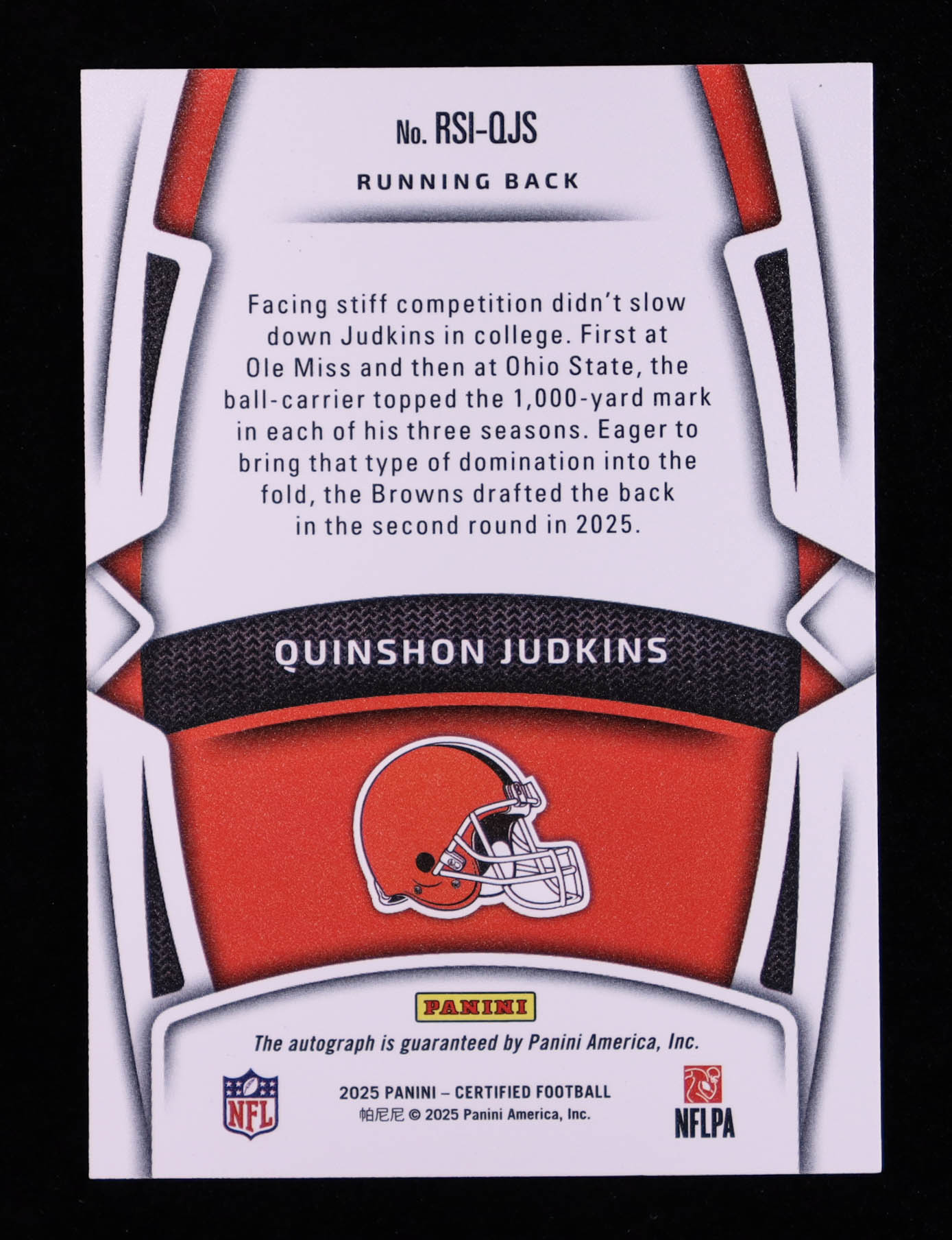 Quinshon Judkins 2025 Panini Certified Rookie Signatures Mirror Red #RSI-QJS RC #06/25 at PristineAuction.com Quinshon Judkins 2025 Panini Certified Rookie Signatures Mirror Red #RSI-QJS RC #06/25 at PristineAuction.com
