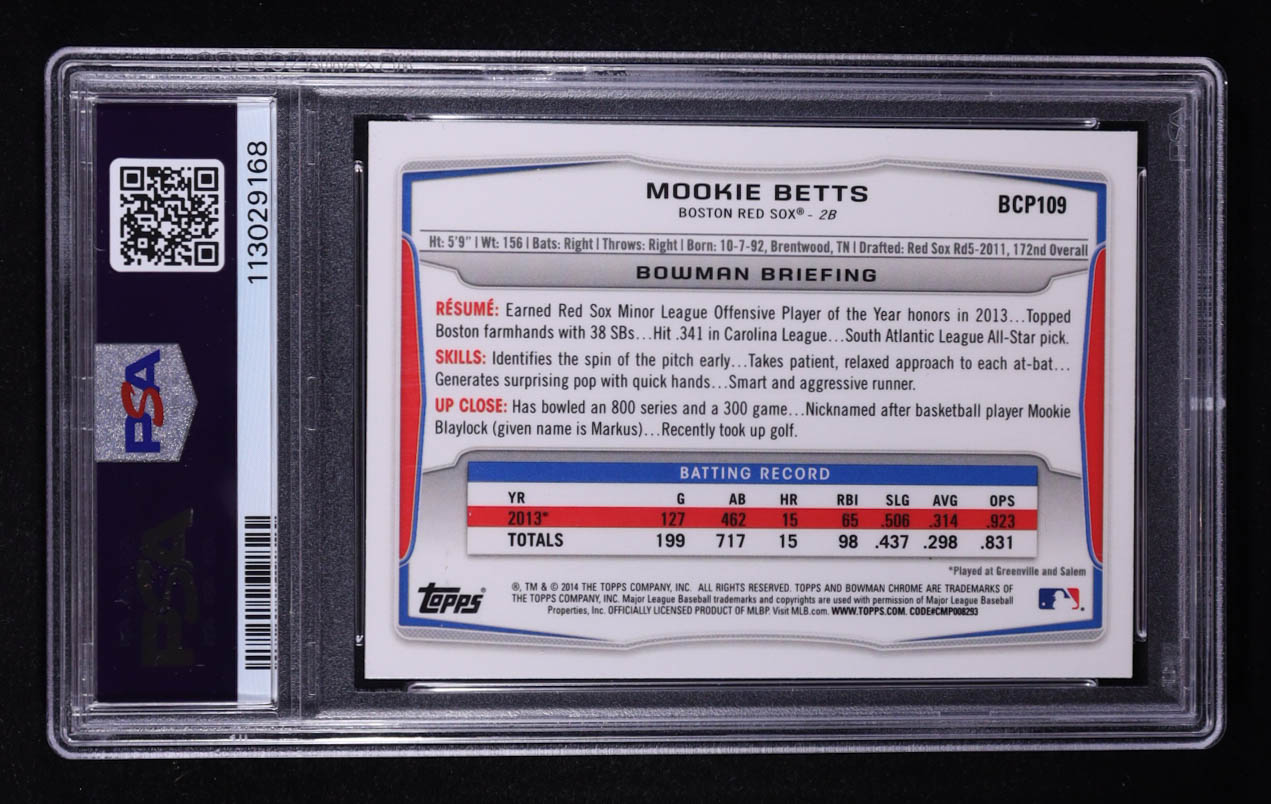 Mookie Betts 2014 Bowman Chrome Prospects #BCP109 RC (PSA 10) at PristineAuction.com Mookie Betts 2014 Bowman Chrome Prospects #BCP109 RC (PSA 10) at PristineAuction.com