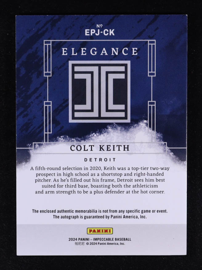 Colt Keith 2024 Panini Impeccable Elegance Prospect Jersey Autographs #58 #16/99 RC at PristineAuction.com Colt Keith 2024 Panini Impeccable Elegance Prospect Jersey Autographs #58 #16/99 RC at PristineAuction.com