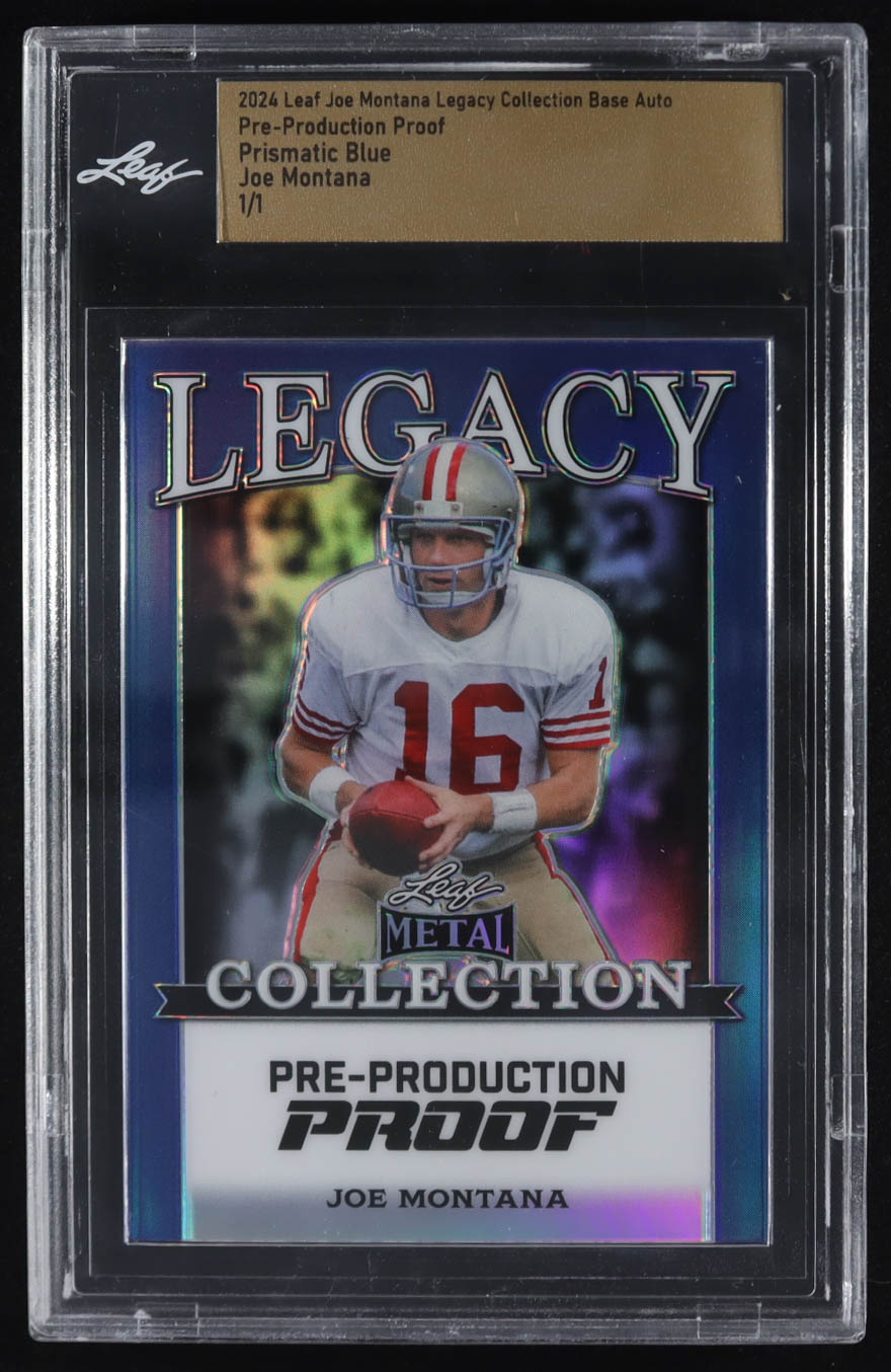 Joe Montana 2024 Leaf Joe Montana Legacy Base Auto Pre-Production Proof Prismatic Blue #NNO #1/1 (Leaf) at PristineAuction.com Joe Montana 2024 Leaf Joe Montana Legacy Base Auto Pre-Production Proof Prismatic Blue #NNO #1/1 (Leaf) at PristineAuction.com