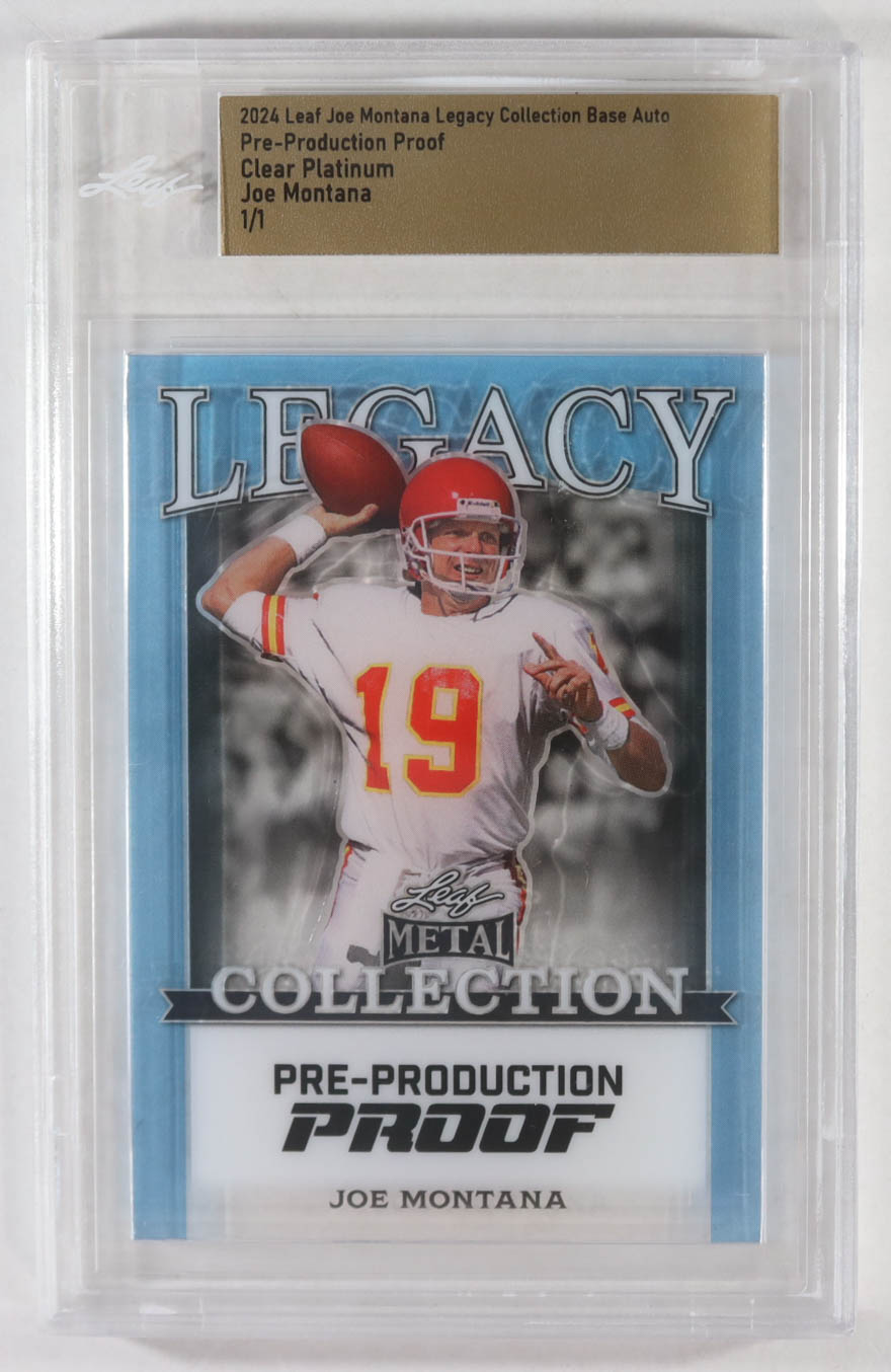 Joe Montana 2024 Leaf Joe Montana Legacy Base Auto Pre-Production Proof Clear Platinum #NNO #1/1 (Leaf) at PristineAuction.com Joe Montana 2024 Leaf Joe Montana Legacy Base Auto Pre-Production Proof Clear Platinum #NNO #1/1 (Leaf) at PristineAuction.com