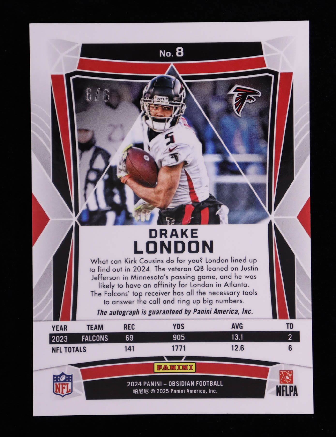 Drake London 2024 Panini Obsidian Green Etch Signatures #8 #6/6 at PristineAuction.com Drake London 2024 Panini Obsidian Green Etch Signatures #8 #6/6 at PristineAuction.com