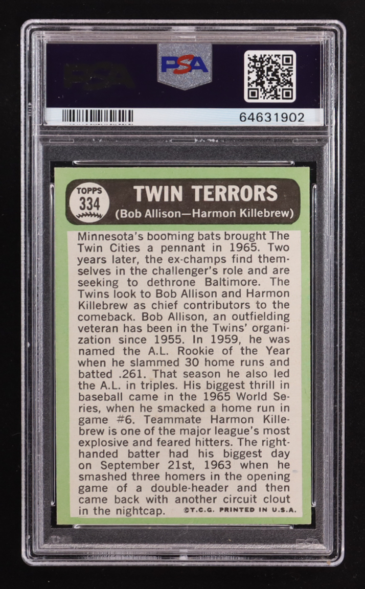 Bob Allison / Harmon Killebrew 1967 Topps #334 / Twin Terrors (PSA 8) at PristineAuction.com Bob Allison / Harmon Killebrew 1967 Topps #334 / Twin Terrors (PSA 8) at PristineAuction.com