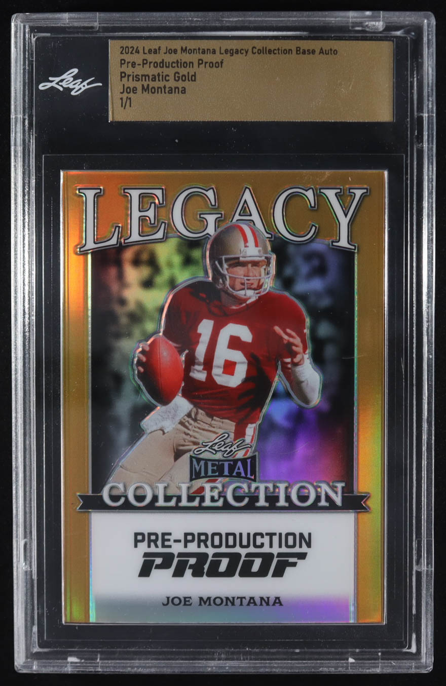Joe Montana 2024 Leaf Joe Montana Legacy Base Auto Pre-Production Proof Prismatic Gold #NNO #1/1 (Leaf) at PristineAuction.com Joe Montana 2024 Leaf Joe Montana Legacy Base Auto Pre-Production Proof Prismatic Gold #NNO #1/1 (Leaf) at PristineAuction.com