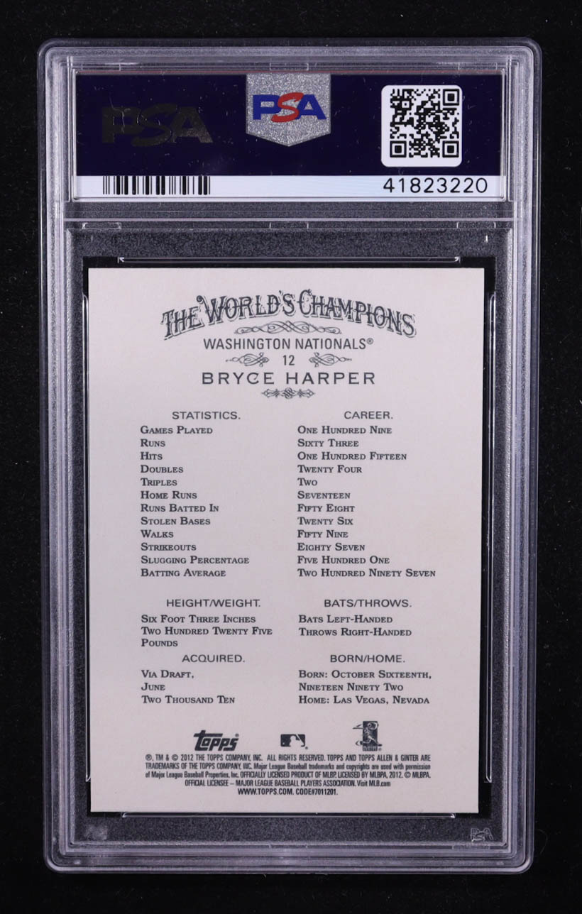 Bryce Harper 2012 Topps Allen and Ginter #12 RC (PSA 10) at PristineAuction.com Bryce Harper 2012 Topps Allen and Ginter #12 RC (PSA 10) at PristineAuction.com