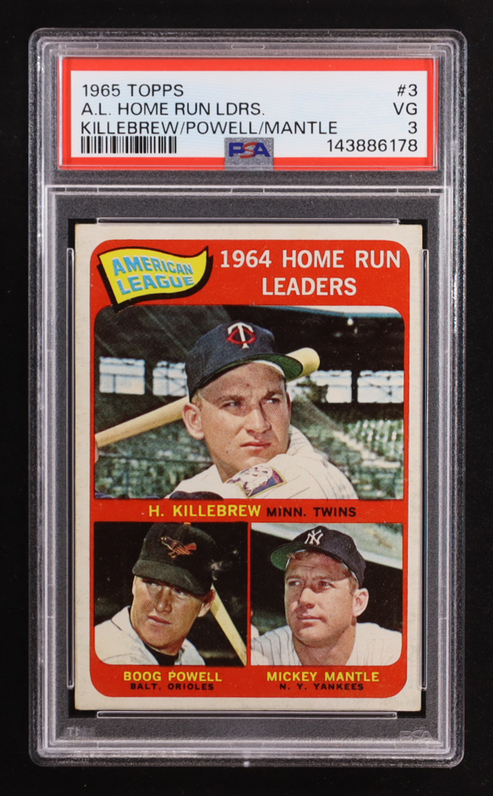 Harmon Killebrew / Mickey Mantle / Boog Powell 1965 Topps #3 / AL Home Run Leaders (PSA 3) at PristineAuction.com Harmon Killebrew / Mickey Mantle / Boog Powell 1965 Topps #3 / AL Home Run Leaders (PSA 3) at PristineAuction.com