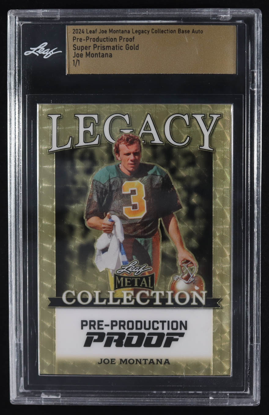Joe Montana 2024 Leaf Joe Montana Legacy Base Auto Pre-Production Proof Super Prismatic Gold #NNO #1/1 (Leaf) at PristineAuction.com Joe Montana 2024 Leaf Joe Montana Legacy Base Auto Pre-Production Proof Super Prismatic Gold #NNO #1/1 (Leaf) at PristineAuction.com