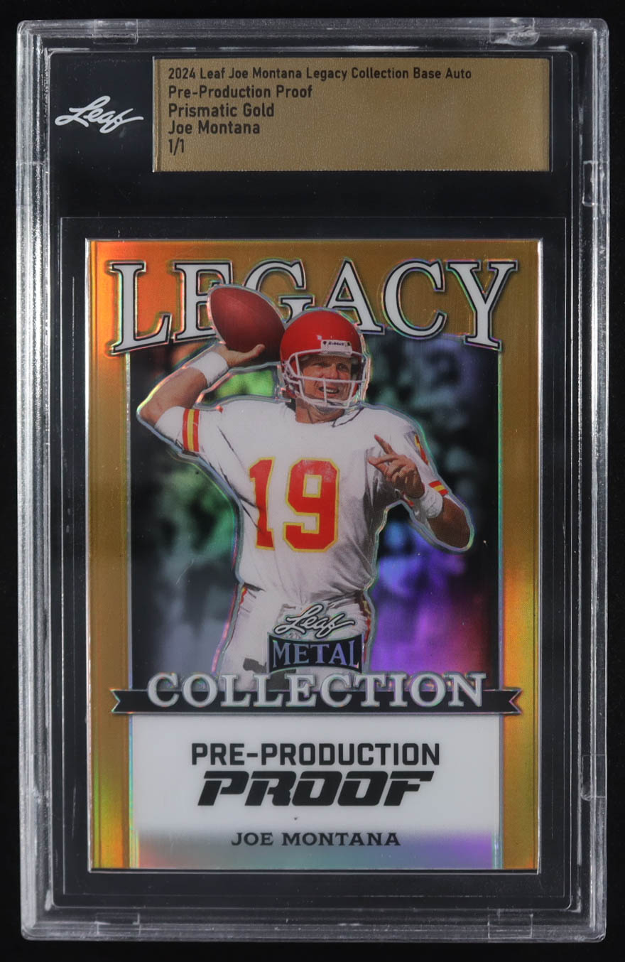 Joe Montana 2024 Leaf Joe Montana Legacy Base Auto Pre-Production Proof Prismatic Gold #NNO #1/1 (Leaf) at PristineAuction.com Joe Montana 2024 Leaf Joe Montana Legacy Base Auto Pre-Production Proof Prismatic Gold #NNO #1/1 (Leaf) at PristineAuction.com