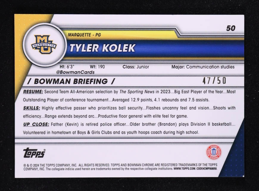 Tyler Kolek 2023-24 Bowman Chrome University Gold Shimmer Refractors #50 RC #47/50 at PristineAuction.com Tyler Kolek 2023-24 Bowman Chrome University Gold Shimmer Refractors #50 RC #47/50 at PristineAuction.com