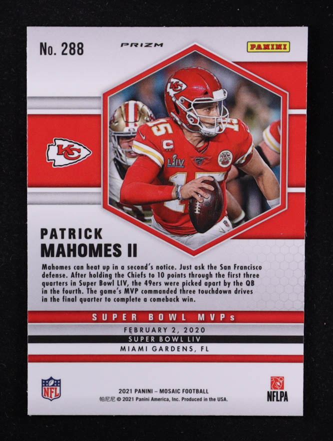 Patrick Mahomes II 2021 Panini Mosaic Mosaic Reactive Blue #288 MVP at PristineAuction.com Patrick Mahomes II 2021 Panini Mosaic Mosaic Reactive Blue #288 MVP at PristineAuction.com