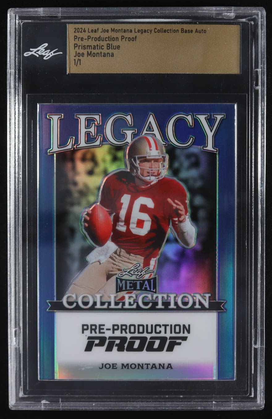 Joe Montana 2024 Leaf Joe Montana Legacy Base Auto Pre-Production Proof Prismatic Blue #NNO #1/1 (Leaf) at PristineAuction.com Joe Montana 2024 Leaf Joe Montana Legacy Base Auto Pre-Production Proof Prismatic Blue #NNO #1/1 (Leaf) at PristineAuction.com