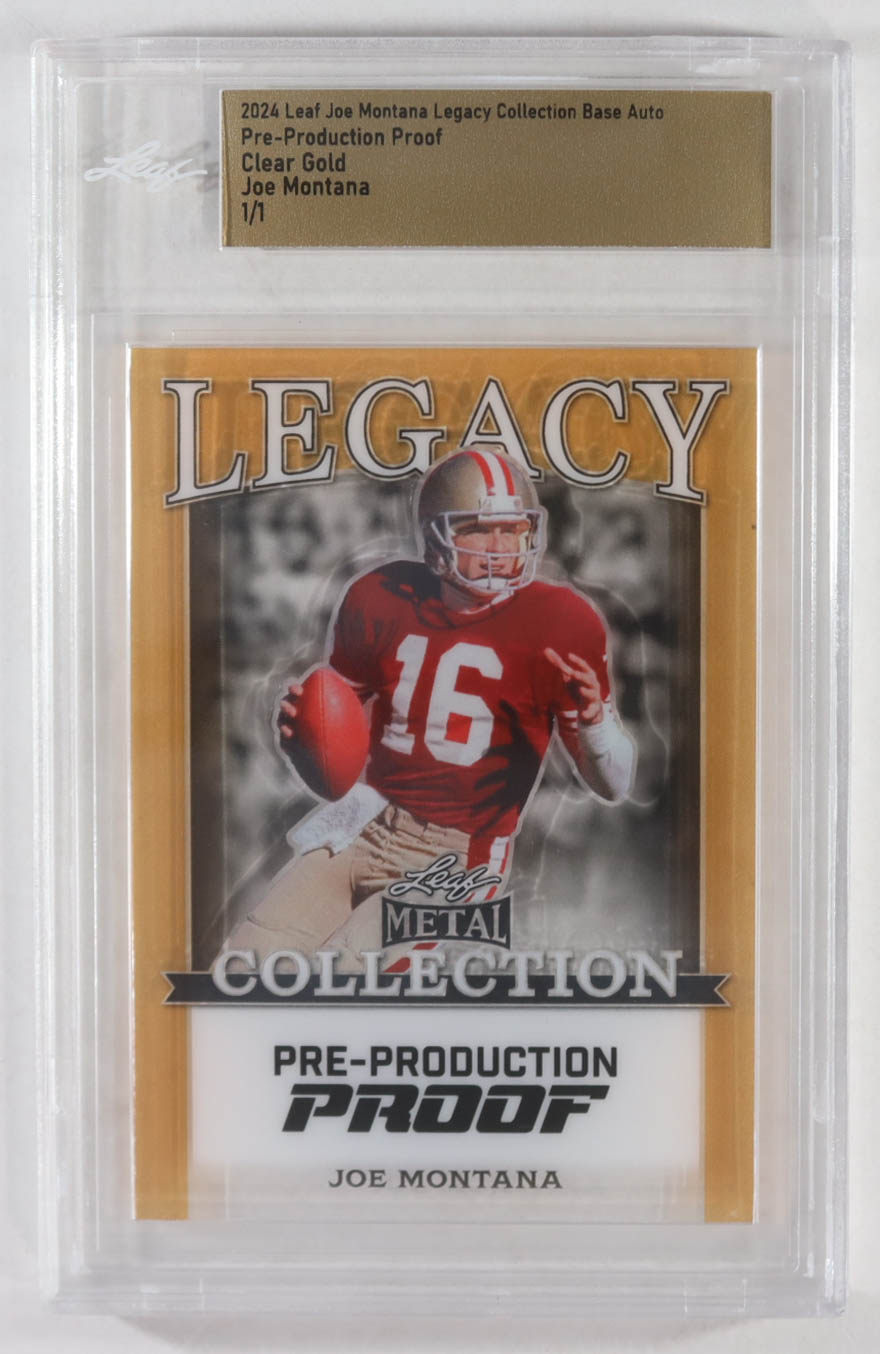 Joe Montana 2024 Leaf Joe Montana Legacy Base Auto Pre-Production Proof Clear Gold #NNO #1/1 (Leaf) at PristineAuction.com Joe Montana 2024 Leaf Joe Montana Legacy Base Auto Pre-Production Proof Clear Gold #NNO #1/1 (Leaf) at PristineAuction.com