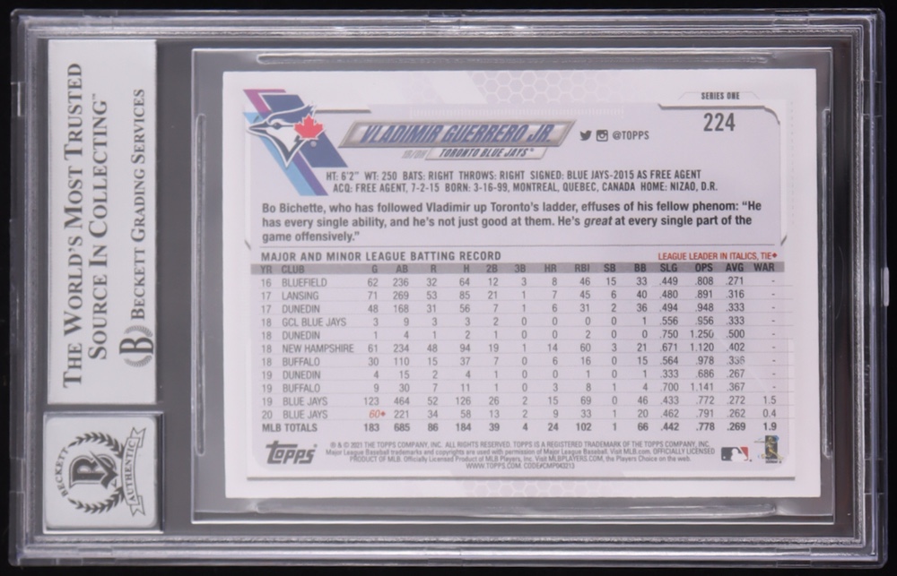 Vladimir Guerrero Jr. Signed 2021 Topps #224 (BGS | Auto Grade 10) at PristineAuction.com Vladimir Guerrero Jr. Signed 2021 Topps #224 (BGS | Auto Grade 10) at PristineAuction.com