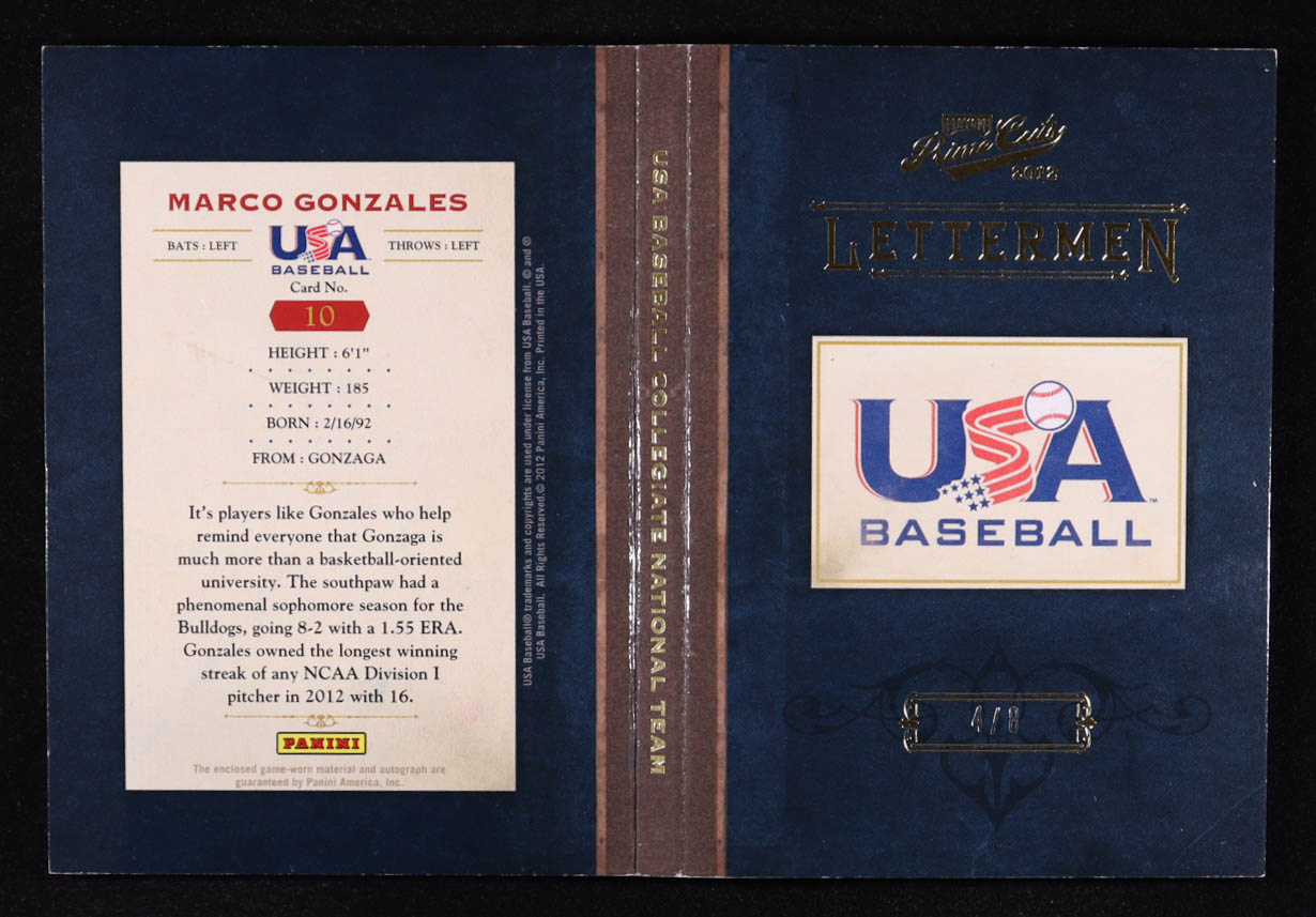 Marco Gonzales 2012 Prime Cuts USA Baseball Collegiate National Team Lettermen Booklets #10 RC #4/8 at PristineAuction.com Marco Gonzales 2012 Prime Cuts USA Baseball Collegiate National Team Lettermen Booklets #10 RC #4/8 at PristineAuction.com