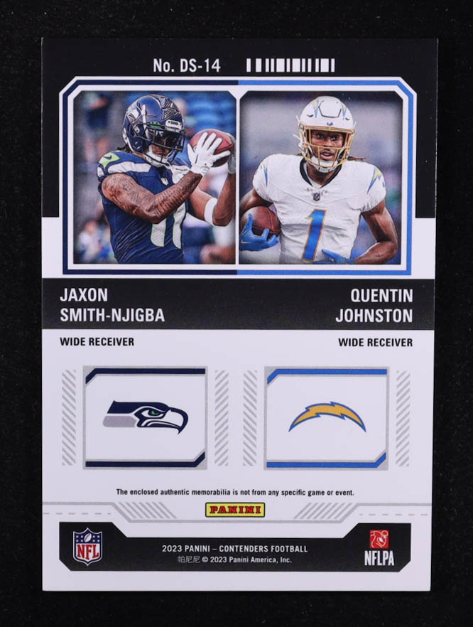 Jaxon Smith-Njigba / Quentin Johnston 2023 Panini Contenders Rookie Ticket Dual Swatches #14 RC at PristineAuction.com Jaxon Smith-Njigba / Quentin Johnston 2023 Panini Contenders Rookie Ticket Dual Swatches #14 RC at PristineAuction.com
