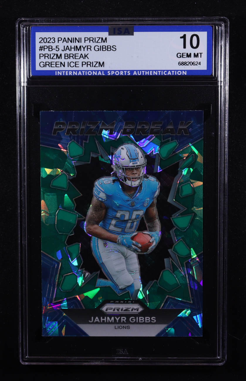 Jahmyr Gibbs 2023 Panini Prizm Break Green Ice #PB-5 RC (ISA 10) at PristineAuction.com Jahmyr Gibbs 2023 Panini Prizm Break Green Ice #PB-5 RC (ISA 10) at PristineAuction.com
