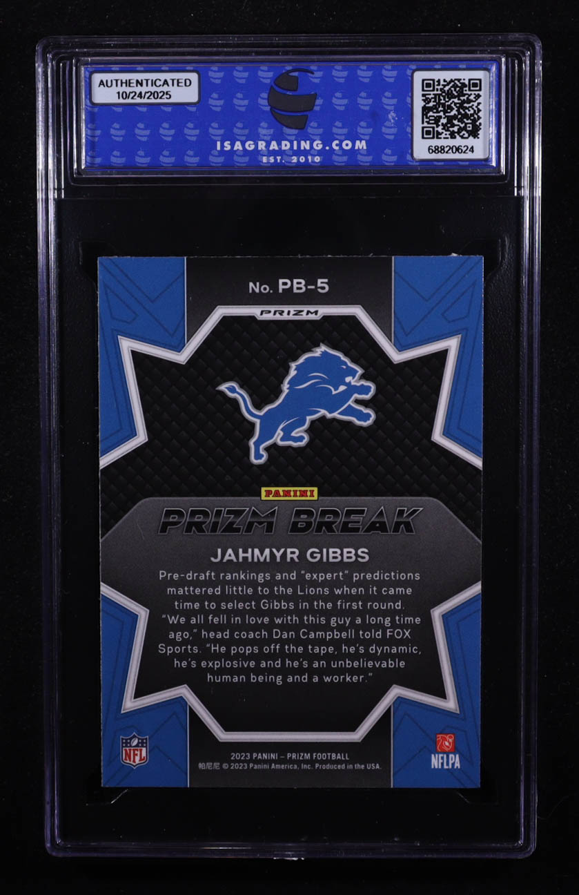 Jahmyr Gibbs 2023 Panini Prizm Break Green Ice #PB-5 RC (ISA 10) at PristineAuction.com Jahmyr Gibbs 2023 Panini Prizm Break Green Ice #PB-5 RC (ISA 10) at PristineAuction.com