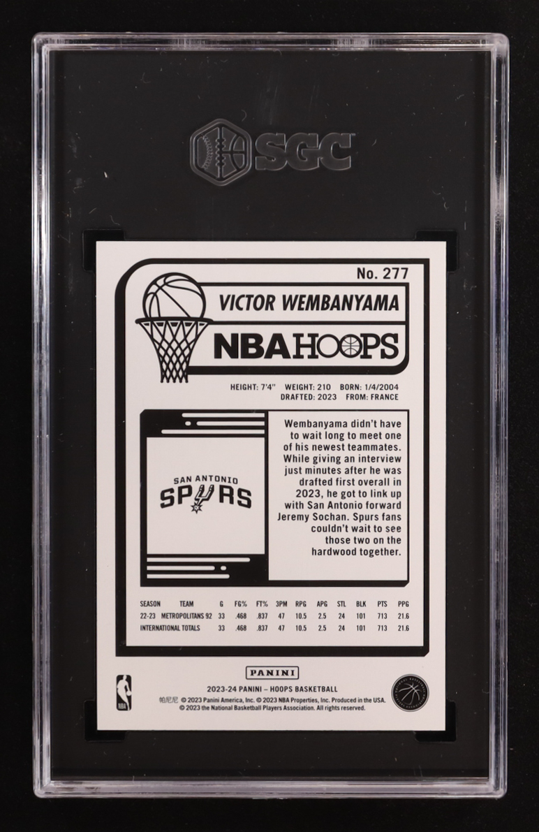 Victor Wembanyama 2023-24 Hoops #277 RC (SGC 10) at PristineAuction.com Victor Wembanyama 2023-24 Hoops #277 RC (SGC 10) at PristineAuction.com