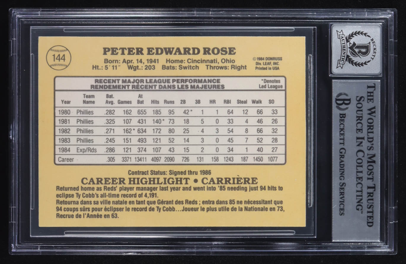 Pete Rose Signed 1985 Leaf/Donruss #144 (BGS | Autograph Graded 10) at PristineAuction.com Pete Rose Signed 1985 Leaf/Donruss #144 (BGS | Autograph Graded 10) at PristineAuction.com