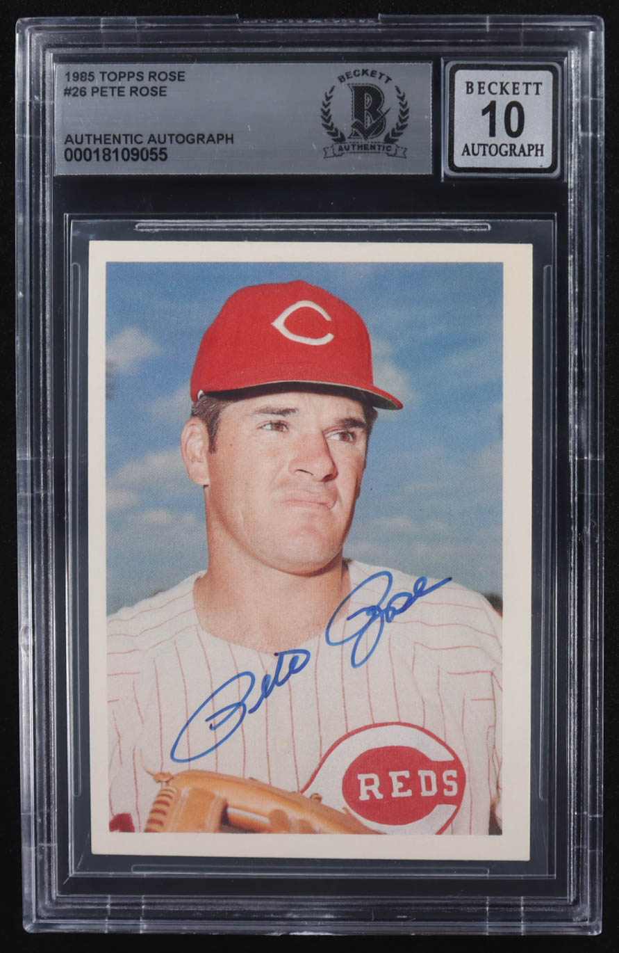 Pete Rose Signed 1985 Topps Rose (First Tryout) #26 (BGS | Autograph Graded 10) at PristineAuction.com Pete Rose Signed 1985 Topps Rose (First Tryout) #26 (BGS | Autograph Graded 10) at PristineAuction.com