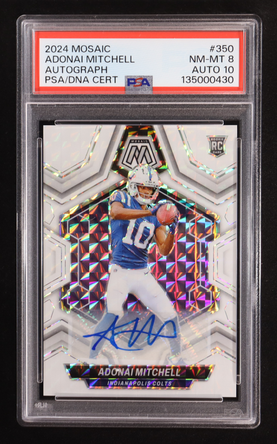 Adonai Mitchell 2024 Panini Mosaic Autograph #350 RC (PSA 8 | Autograph Graded PSA 10) at PristineAuction.com Adonai Mitchell 2024 Panini Mosaic Autograph #350 RC (PSA 8 | Autograph Graded PSA 10) at PristineAuction.com