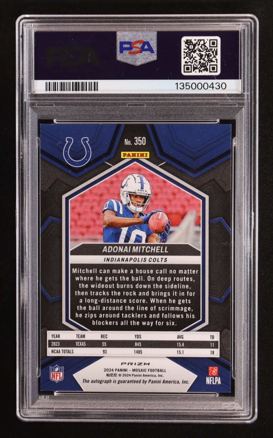 Adonai Mitchell 2024 Panini Mosaic Autograph #350 RC (PSA 8 | Autograph Graded PSA 10) at PristineAuction.com Adonai Mitchell 2024 Panini Mosaic Autograph #350 RC (PSA 8 | Autograph Graded PSA 10) at PristineAuction.com
