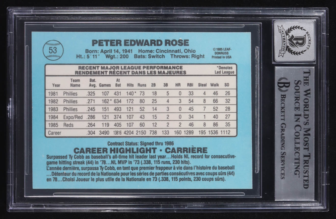 Pete Rose Signed 1986 Leaf/Donruss #53 (BGS | Autograph Graded 10) at PristineAuction.com Pete Rose Signed 1986 Leaf/Donruss #53 (BGS | Autograph Graded 10) at PristineAuction.com