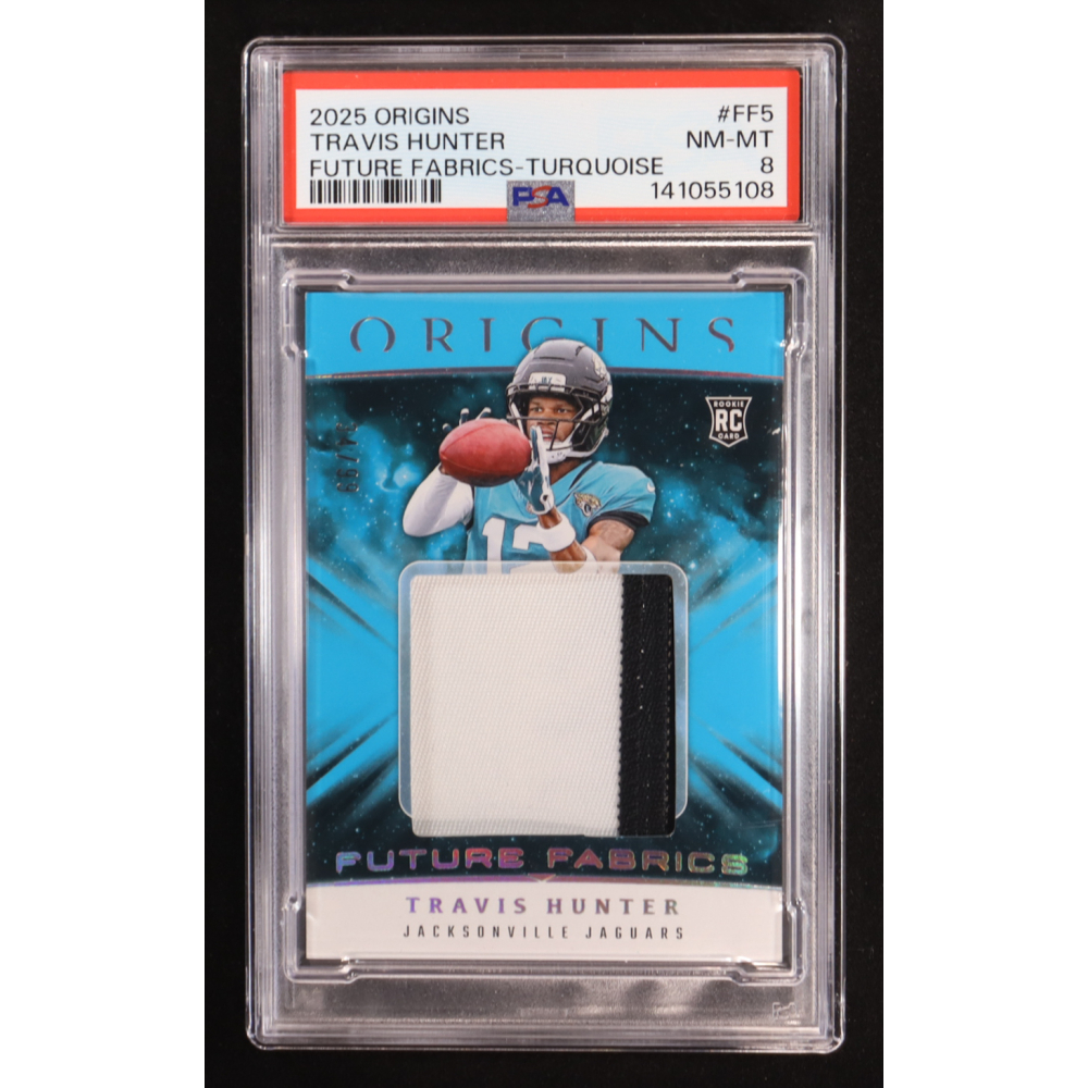 Travis Hunter 2025 Panini Origins Future Fabrics Turquoise Auto #89A-GS1 RC #34/99 (PSA 8) at PristineAuction.com