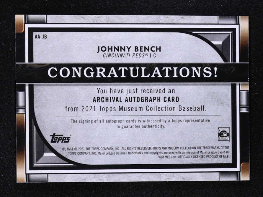 Johnny Bench 2021 Topps Museum Collection Archival Autographs Gold #AAJB #02/25 at PristineAuction.com Johnny Bench 2021 Topps Museum Collection Archival Autographs Gold #AAJB #02/25 at PristineAuction.com