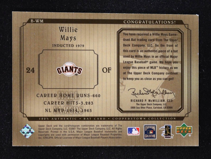 Willie Mays 2001 Upper Deck Hall of Famers Game Bat #BWM at PristineAuction.com Willie Mays 2001 Upper Deck Hall of Famers Game Bat #BWM at PristineAuction.com